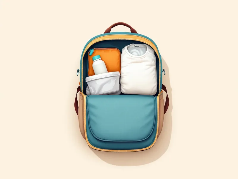 Open daycare bag with folded spare clothes, labeled bottle and container